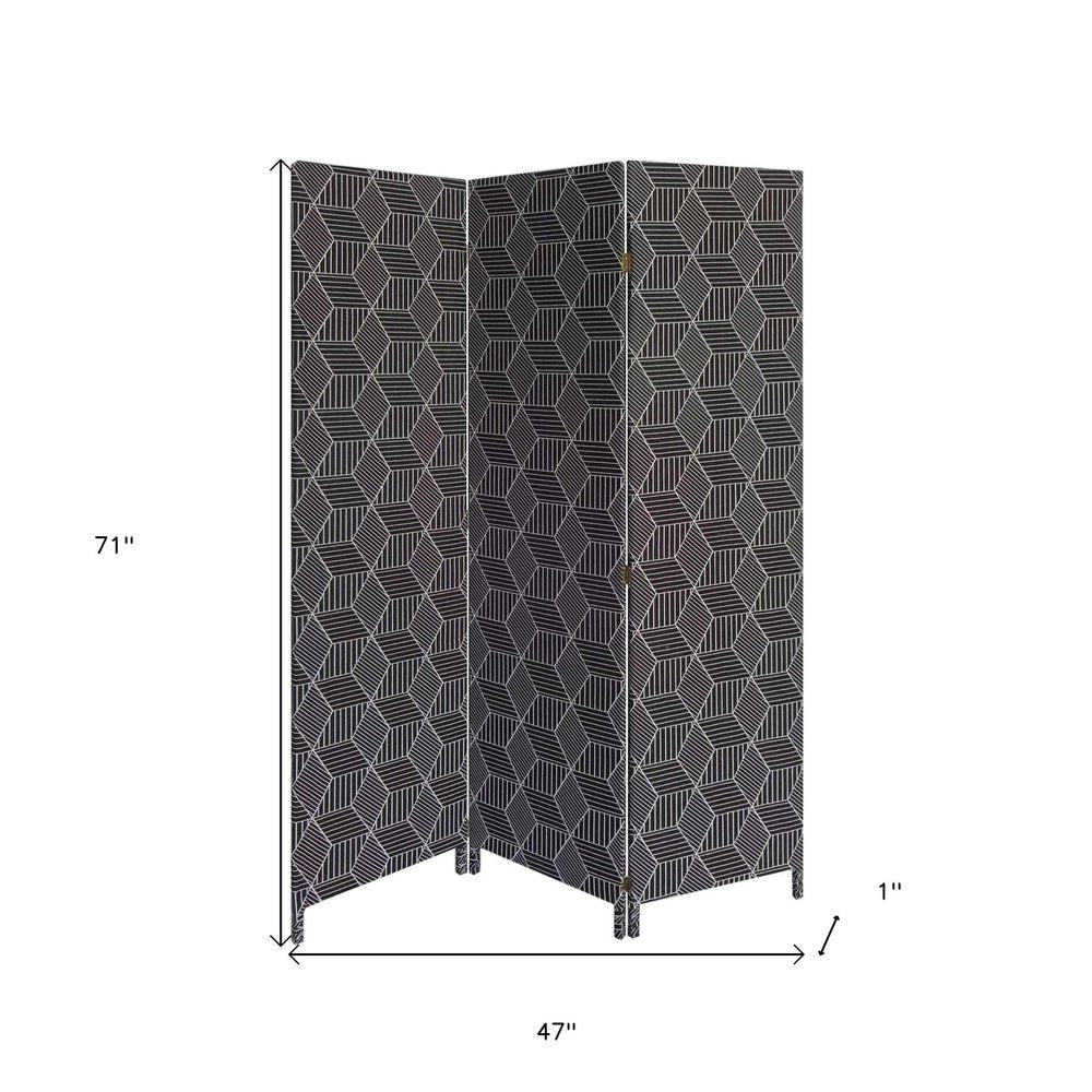 71" Black and White Fabric Folding Three Panel Screen Room Divider