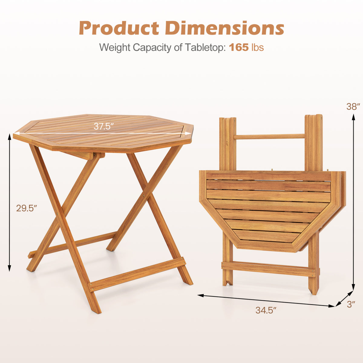 Acacia Wood Outdoor Folding Dining Table for 4 Octagonal with Slatted Tabletop
