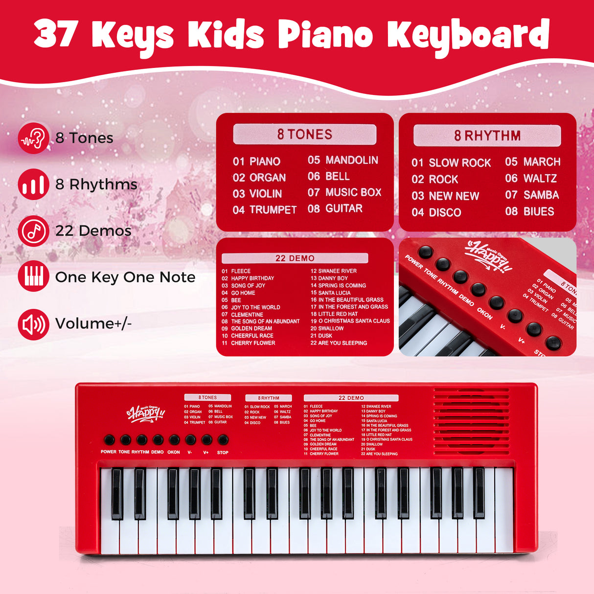 37 Keys Kids Piano Keyboard with 8 Rhythms and Microphone-Red