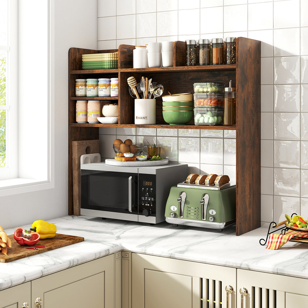 Desktop Bookshelf Countertop Storage Hutch with 6 Shelves-Rustic Brown