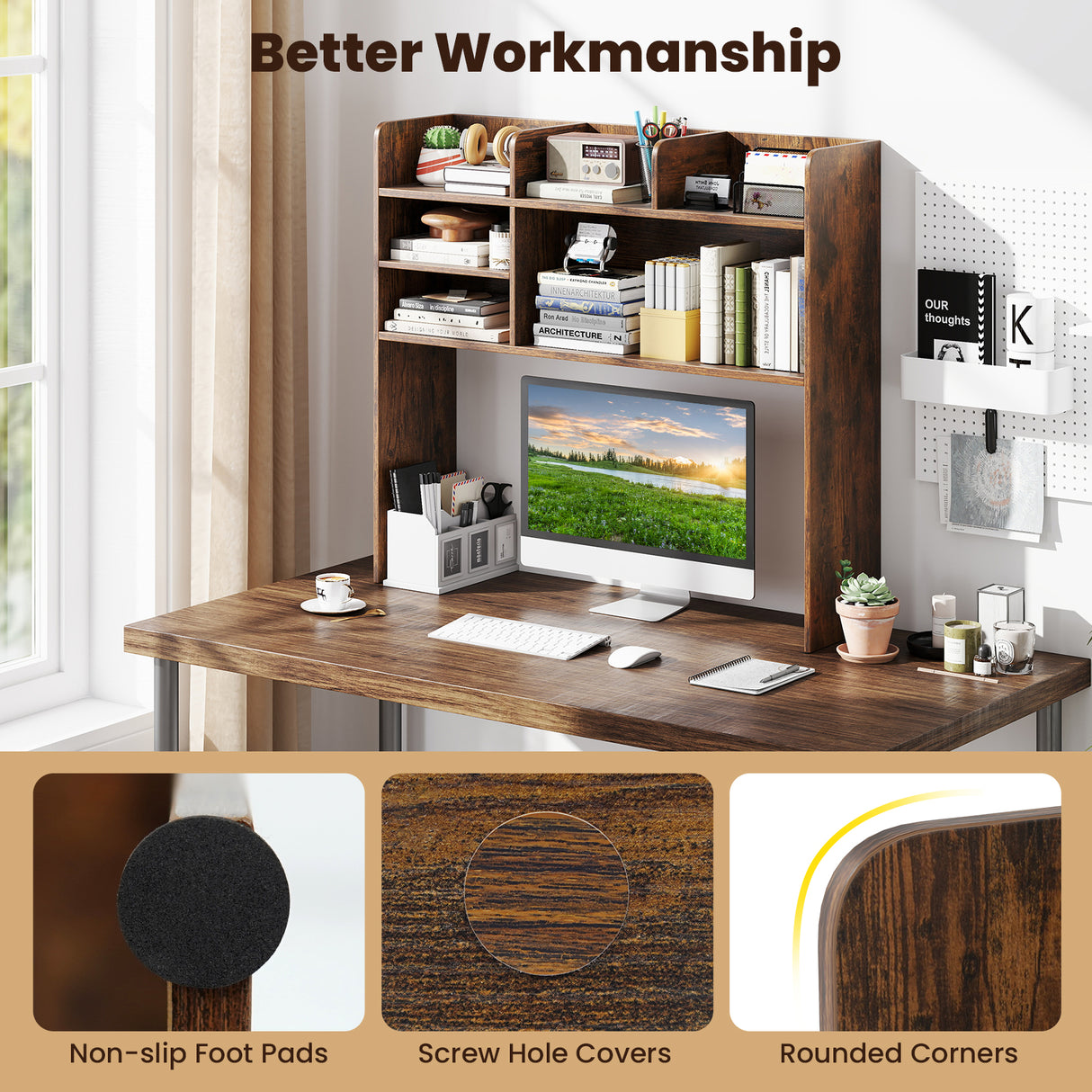 Desktop Bookshelf Countertop Storage Hutch with 6 Shelves-Rustic Brown