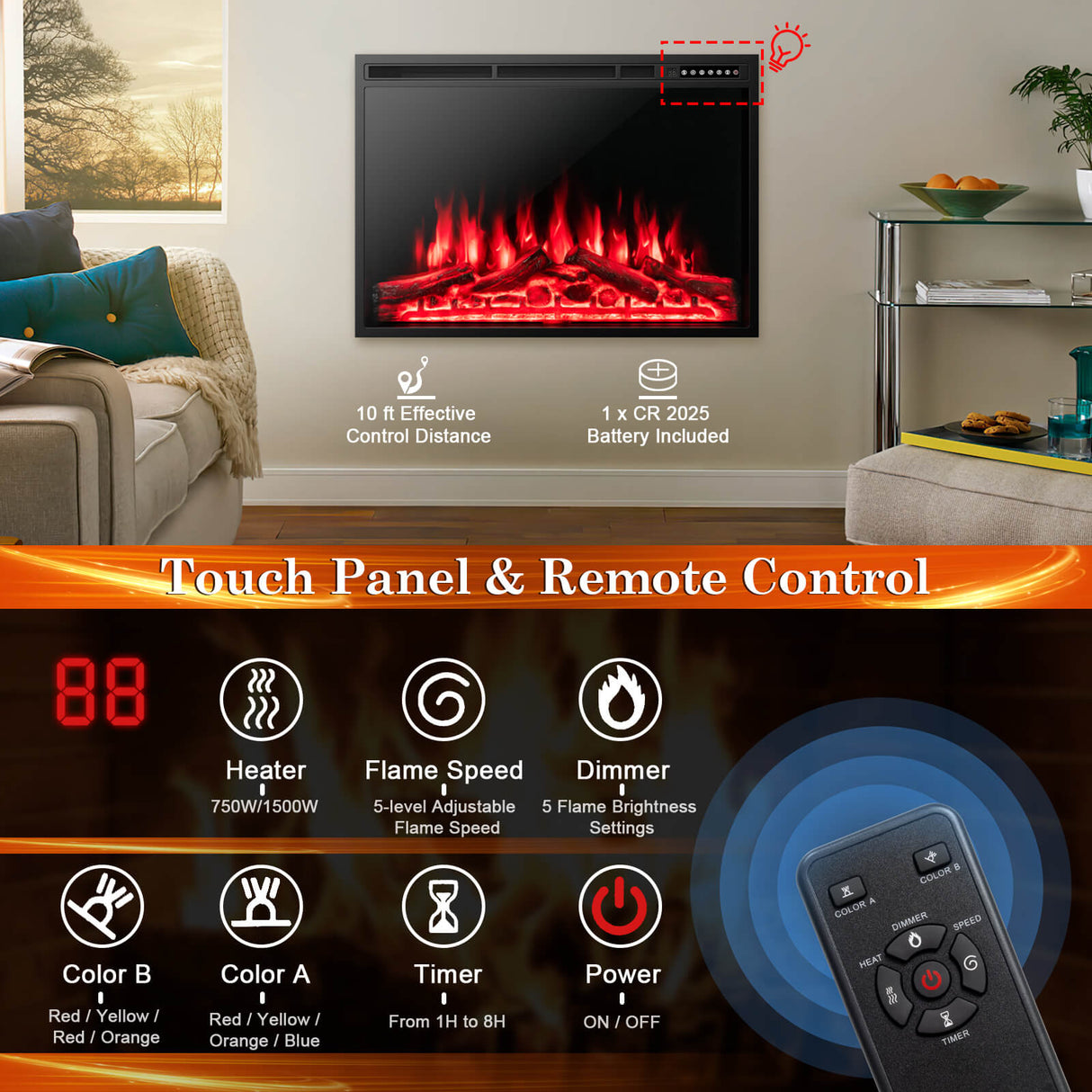 37 Inch Electric Fireplace Recessed with Adjustable Flames