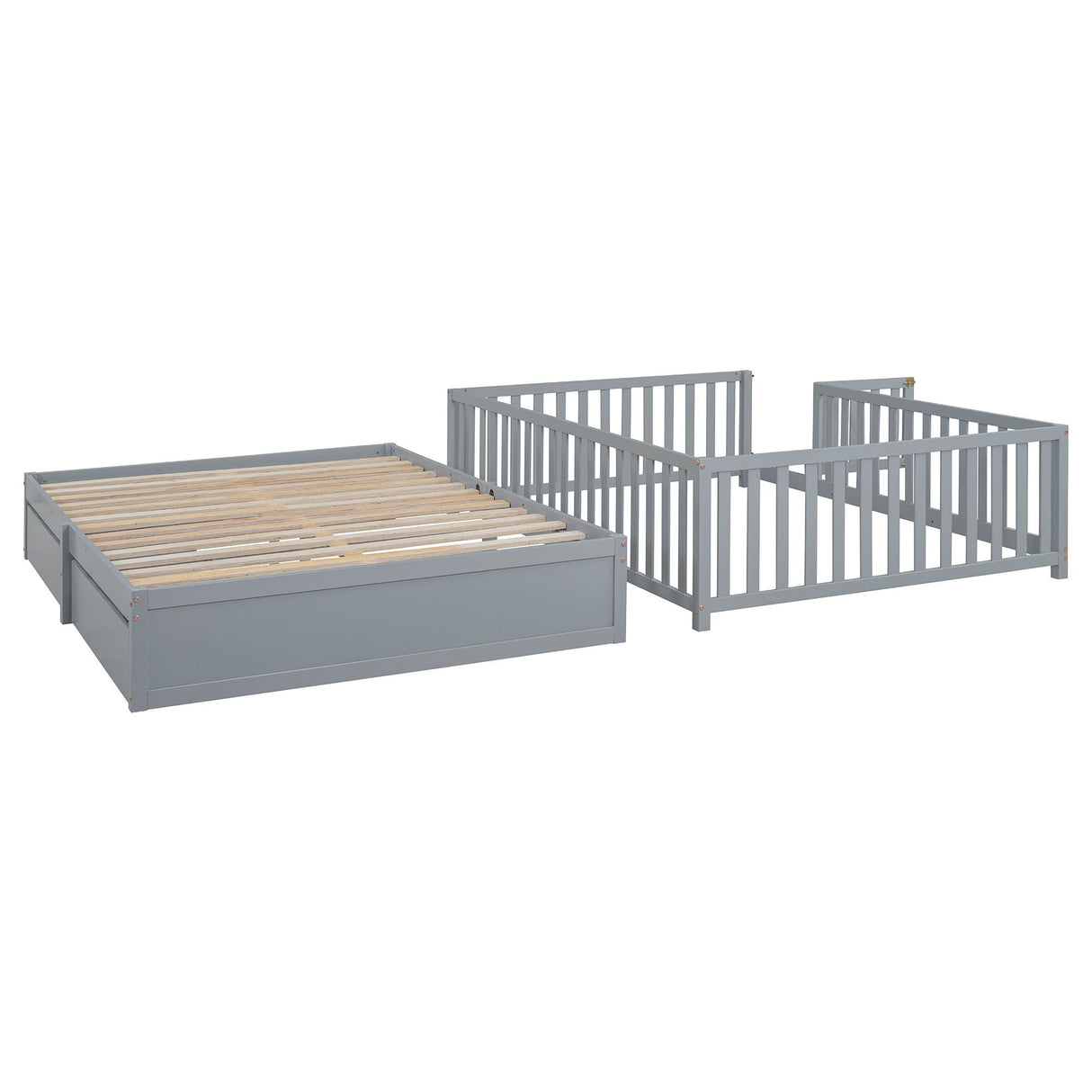 Daybed With Fence Guardrails And 2 Drawers, Split Into Independent Floor Bed & Daybed by Couch.com
