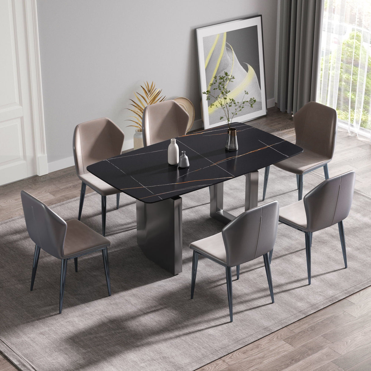 63" Modern Artificial Stone Black Curved Black Metal Leg Dining Table, 6 People - Black by Couch.com