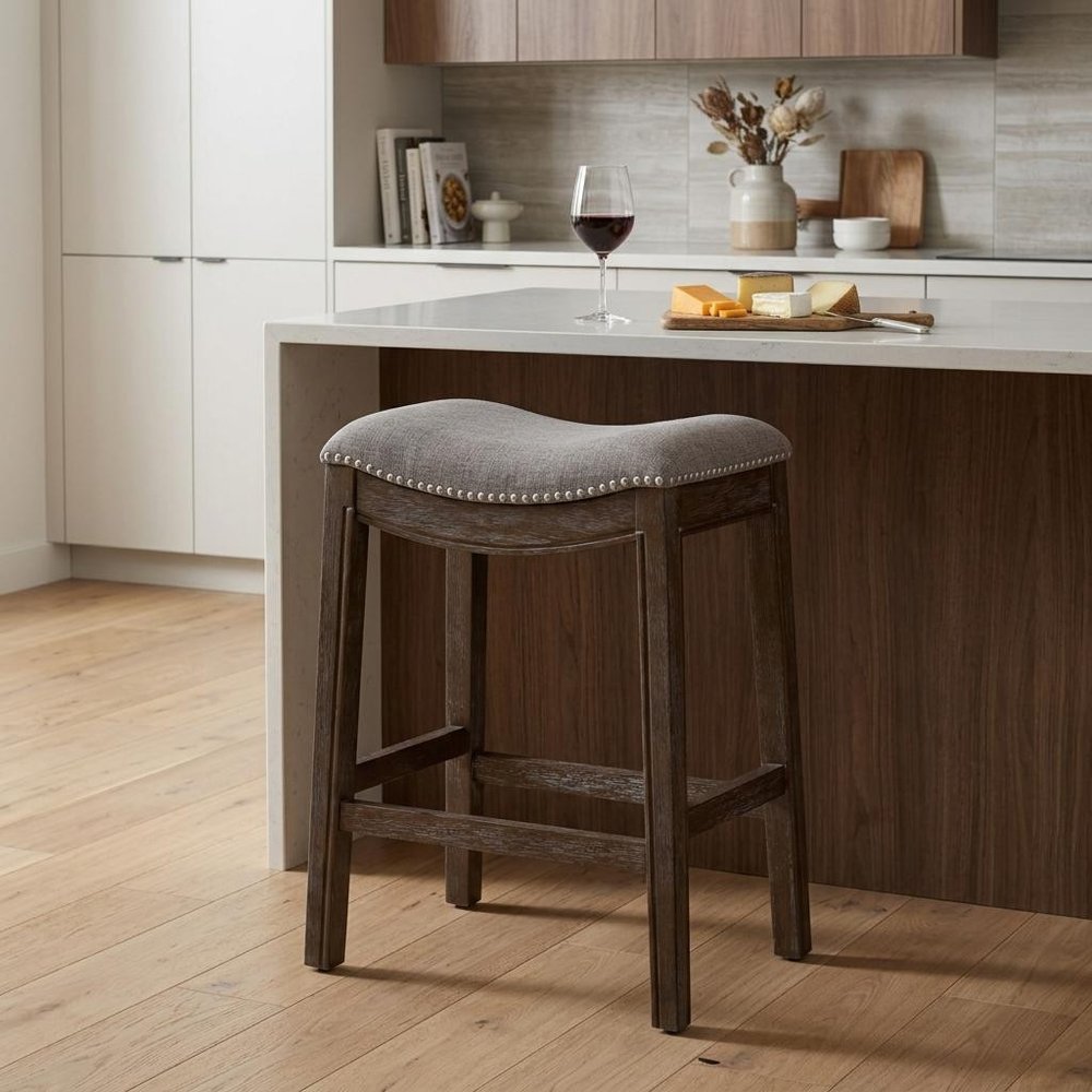 26" Gray and Brown Fabric and Solid Wood Backless Counter Height Bar Chair