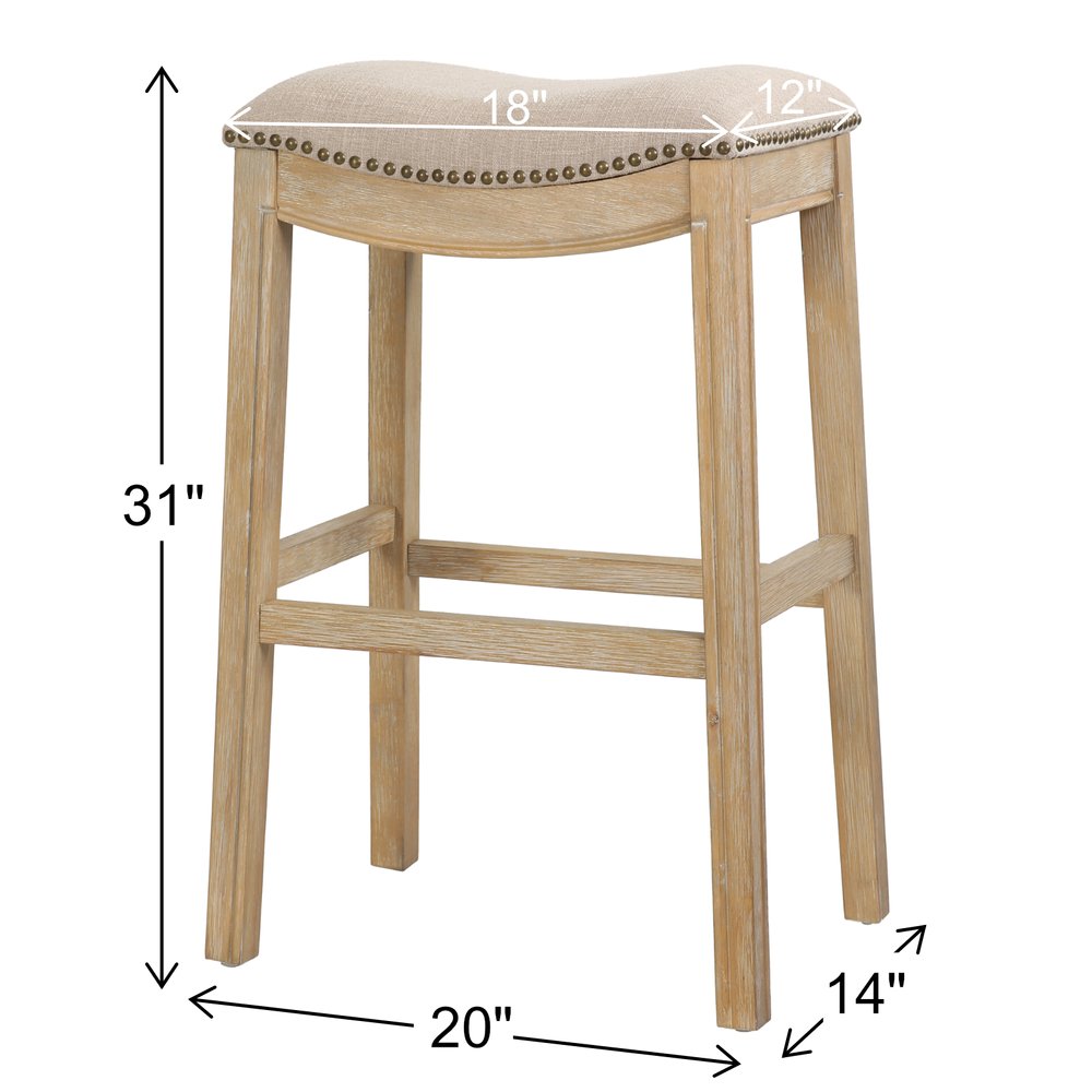 31" Linen and Natural Solid Wood Backless Bar Height Bar Chair
