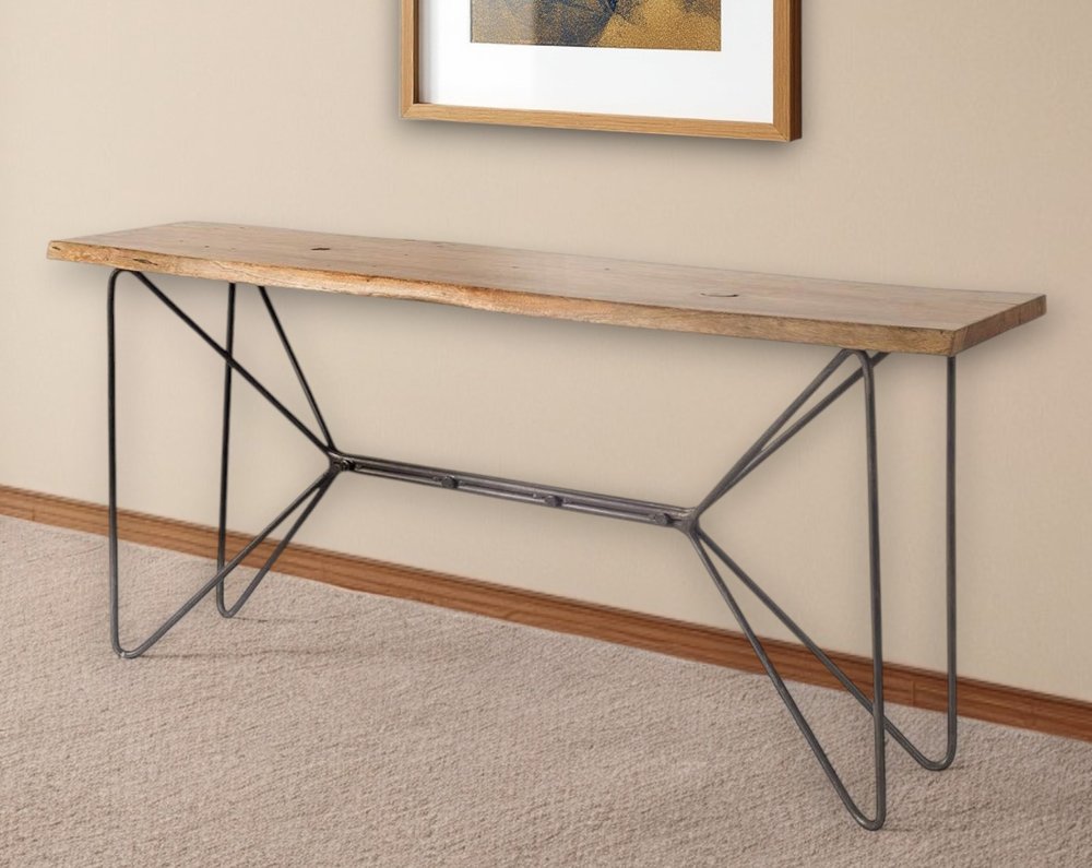 66" Brown and Black Solid Wood and Iron Abstract Base Console Table