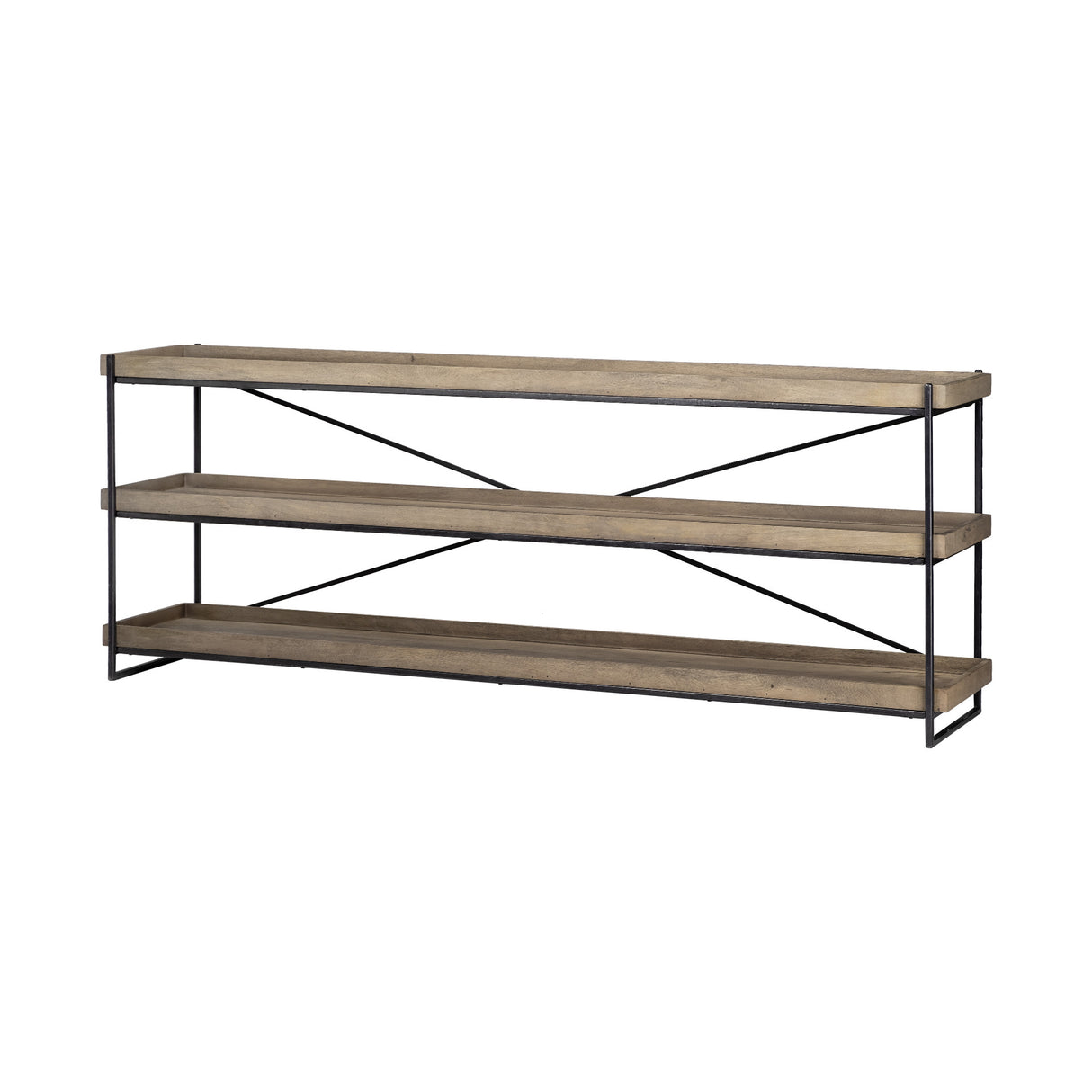 80" Light Brown and Black Solid Wood and Iron Console Table With Two Shelves
