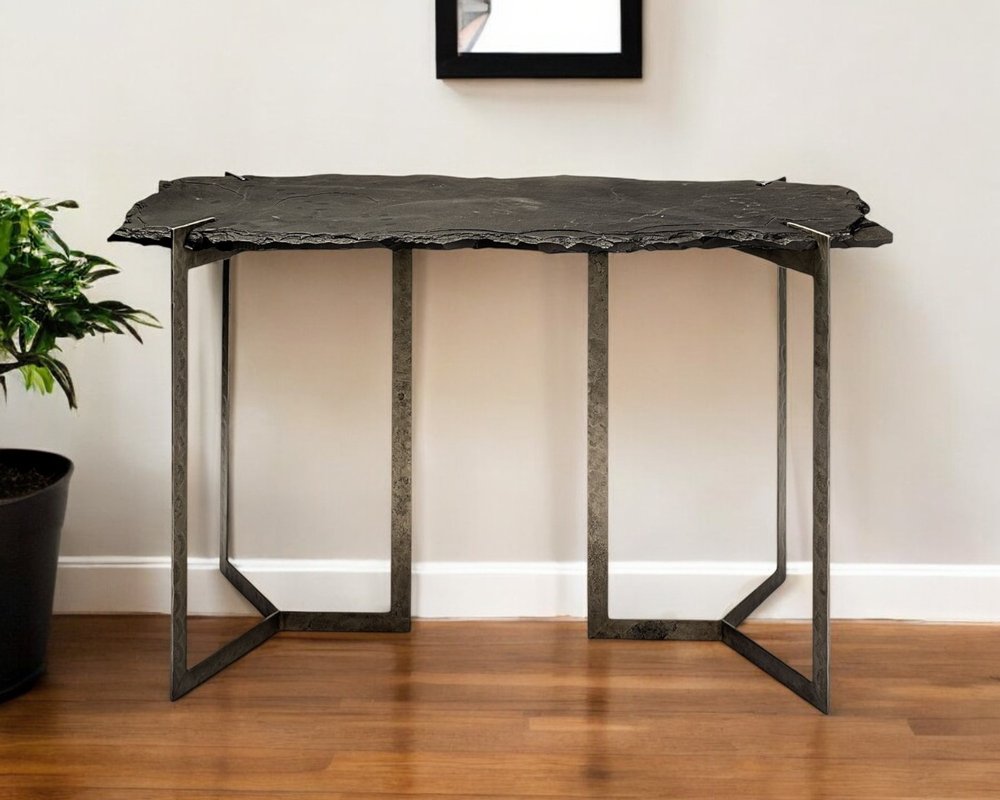50" Black and Nickel Slate and Iron Distressed Double Pedestal Console Table