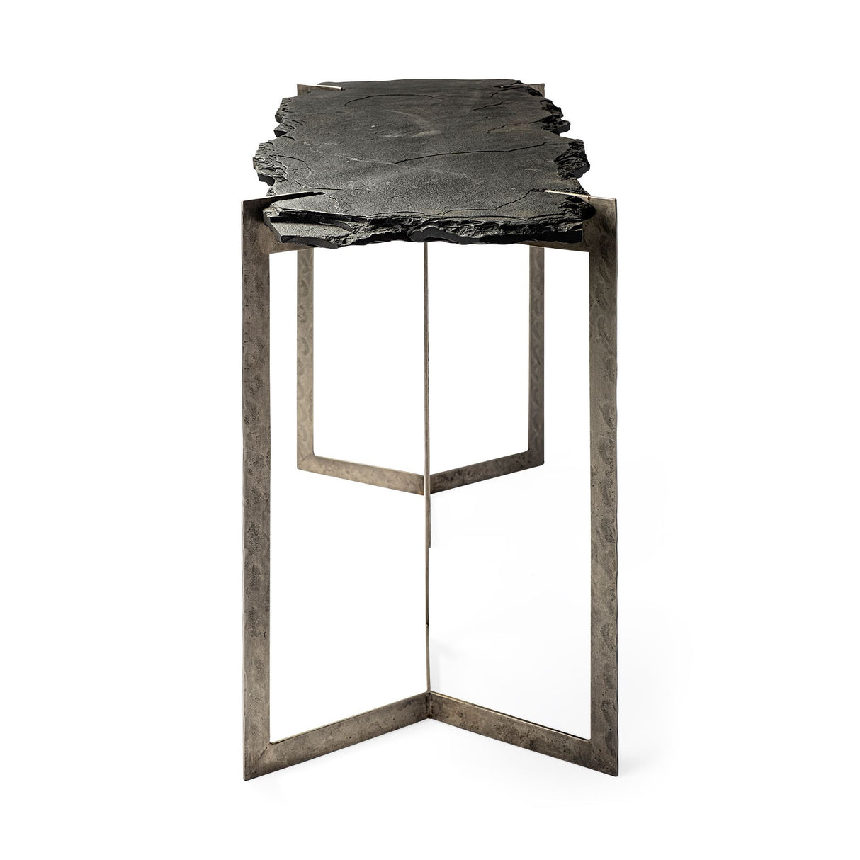 50" Black and Nickel Slate and Iron Distressed Double Pedestal Console Table