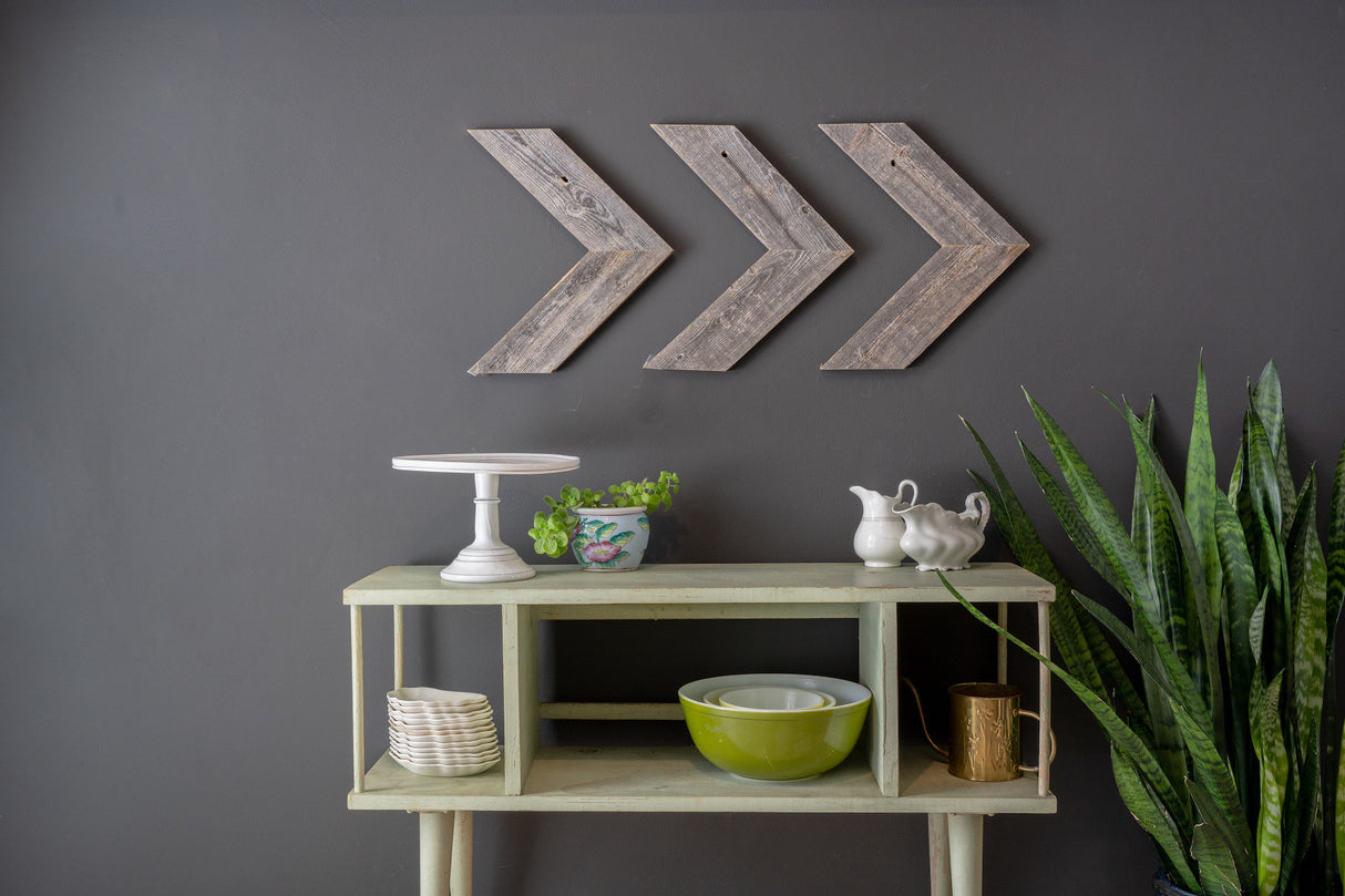 Set of Three Gray Distressed Wood Hanging Arrow Dimensional Sculptures
