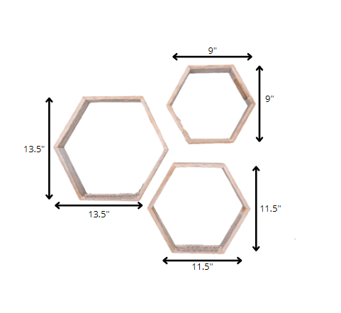 Set of Three Gray Wood Hexagon Wood Open Box Shelves
