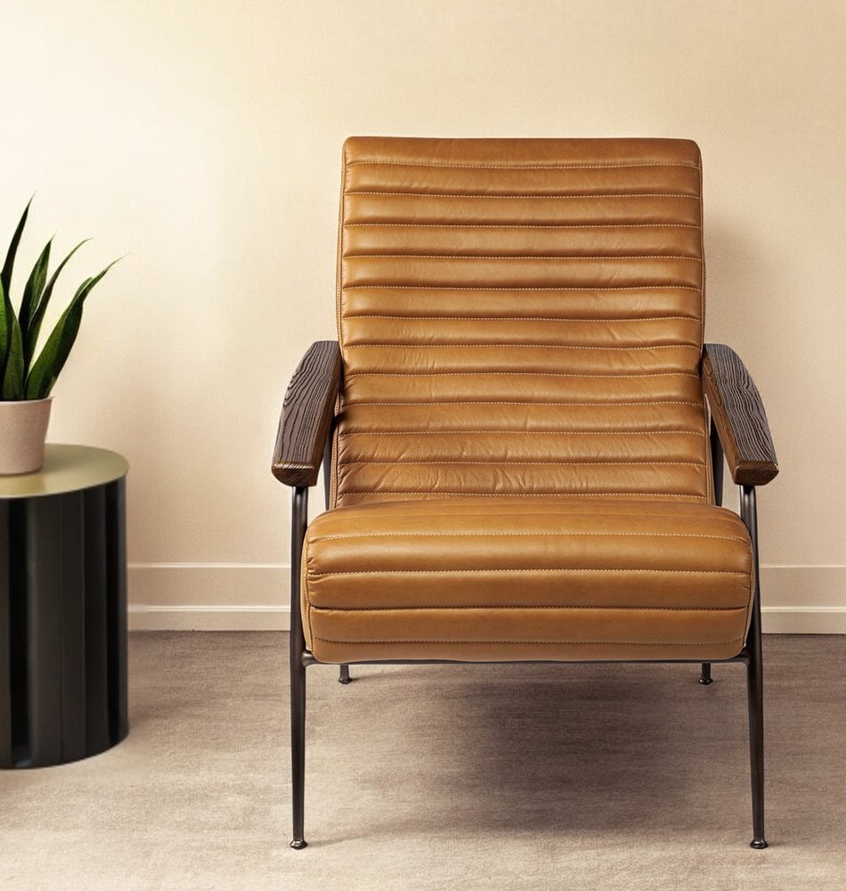 37" Tan and Black Faux Leather Tufted Lounge Chair