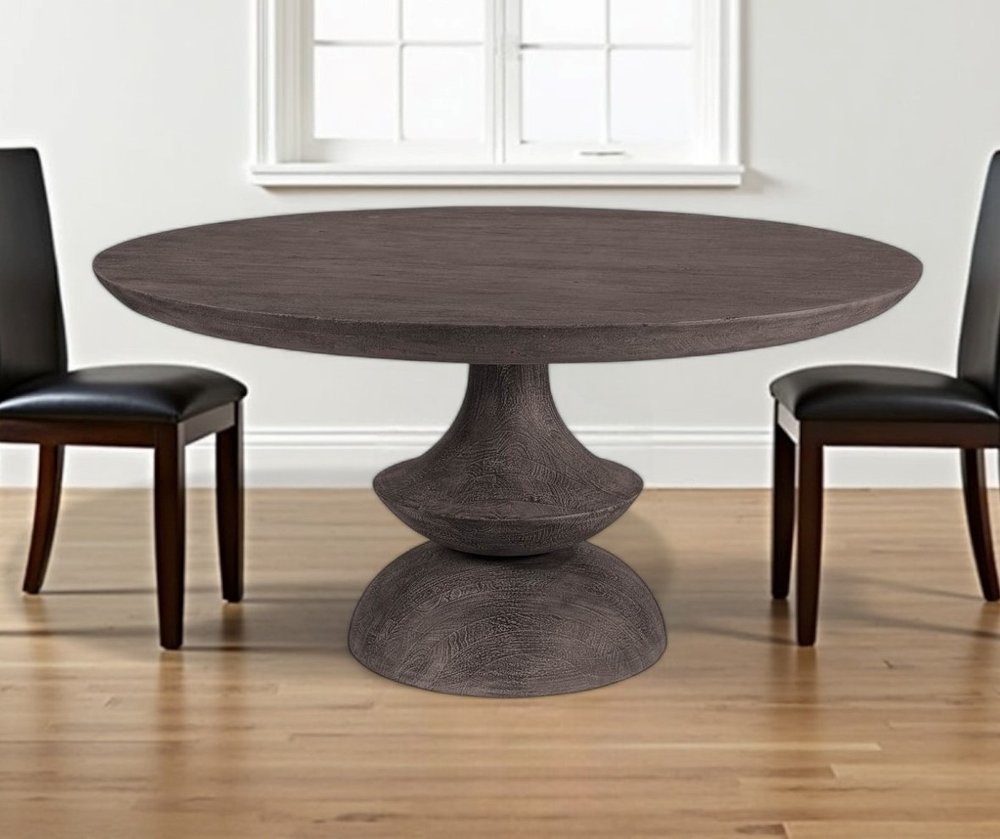 60" Gray Rounded Solid Wood Pedestal Base Dining Table