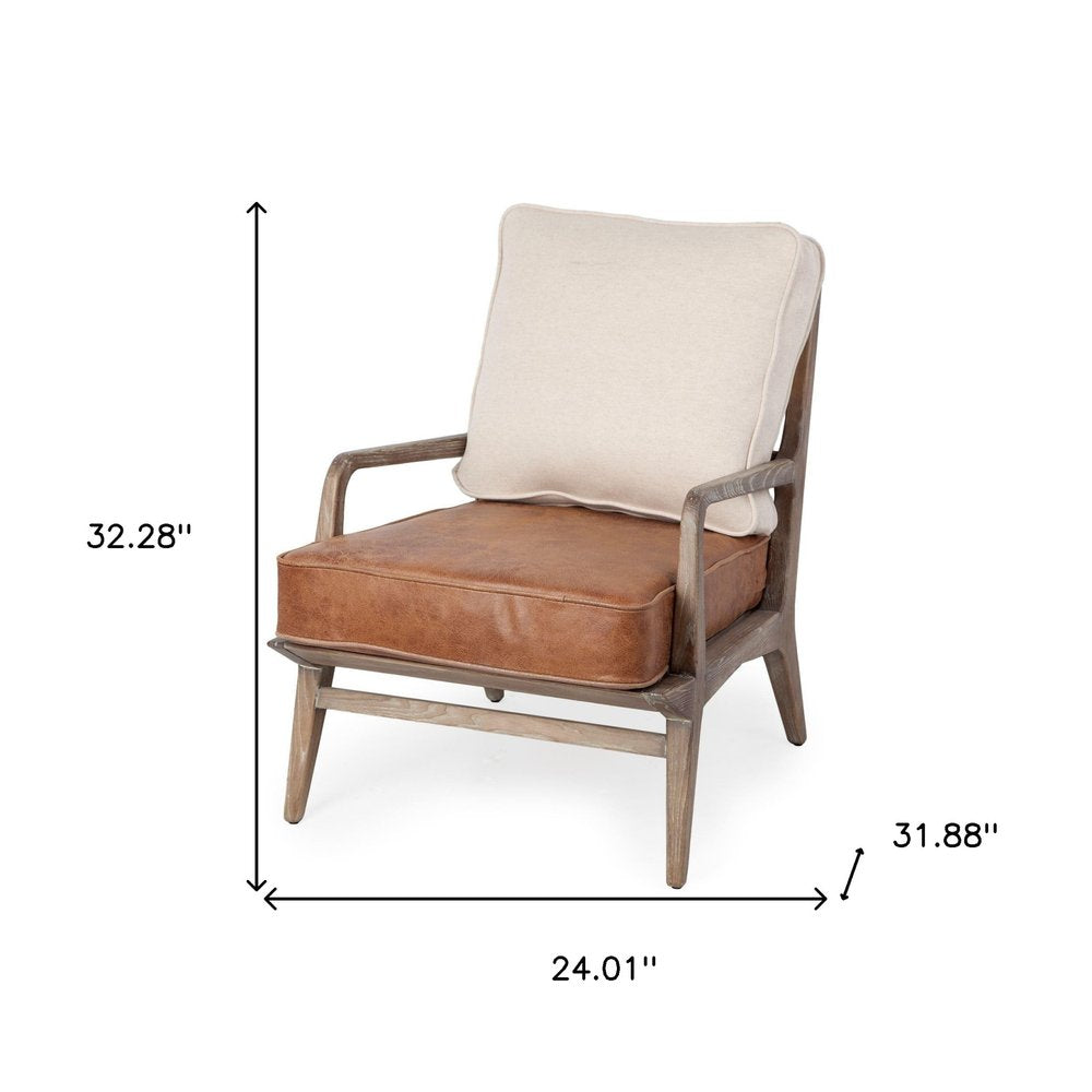 24" Beige and Brown Leather Arm Chair