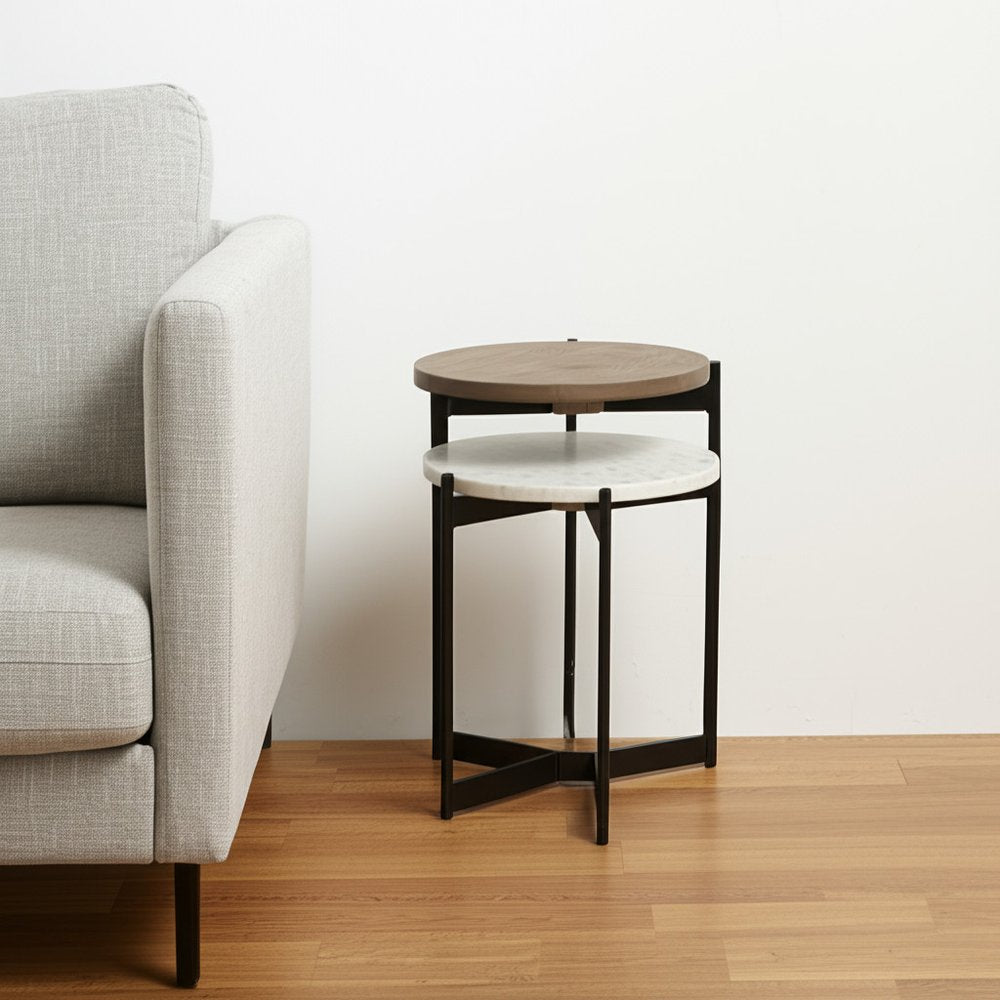 24" Brown And White Glass Round End Table