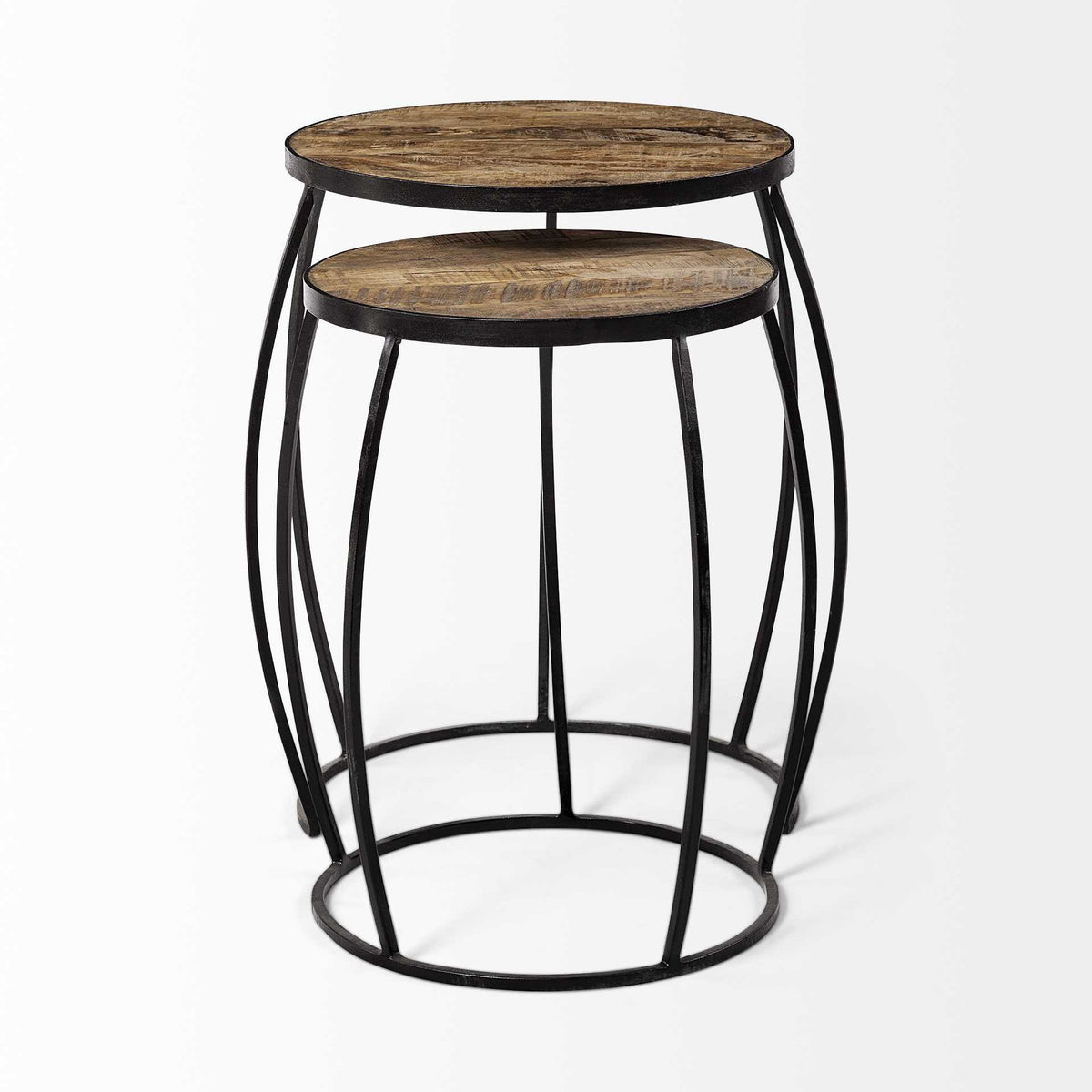 Set of Two 26" Natural And Black Solid Wood And Iron Round End Table