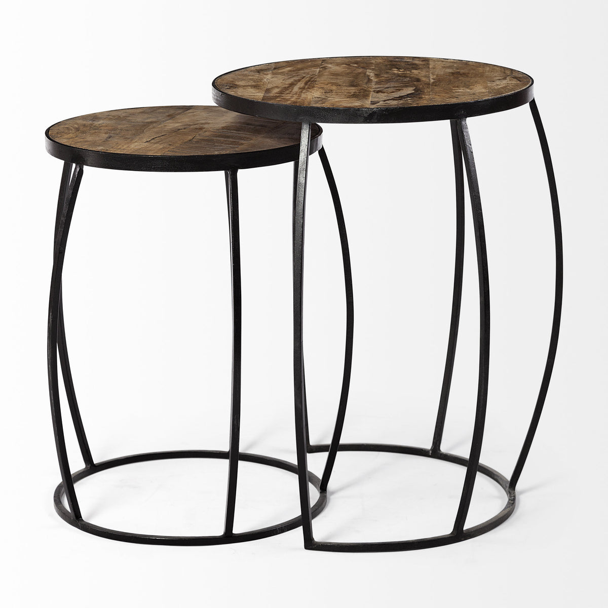 Set of Two 26" Natural And Black Solid Wood And Iron Round End Table