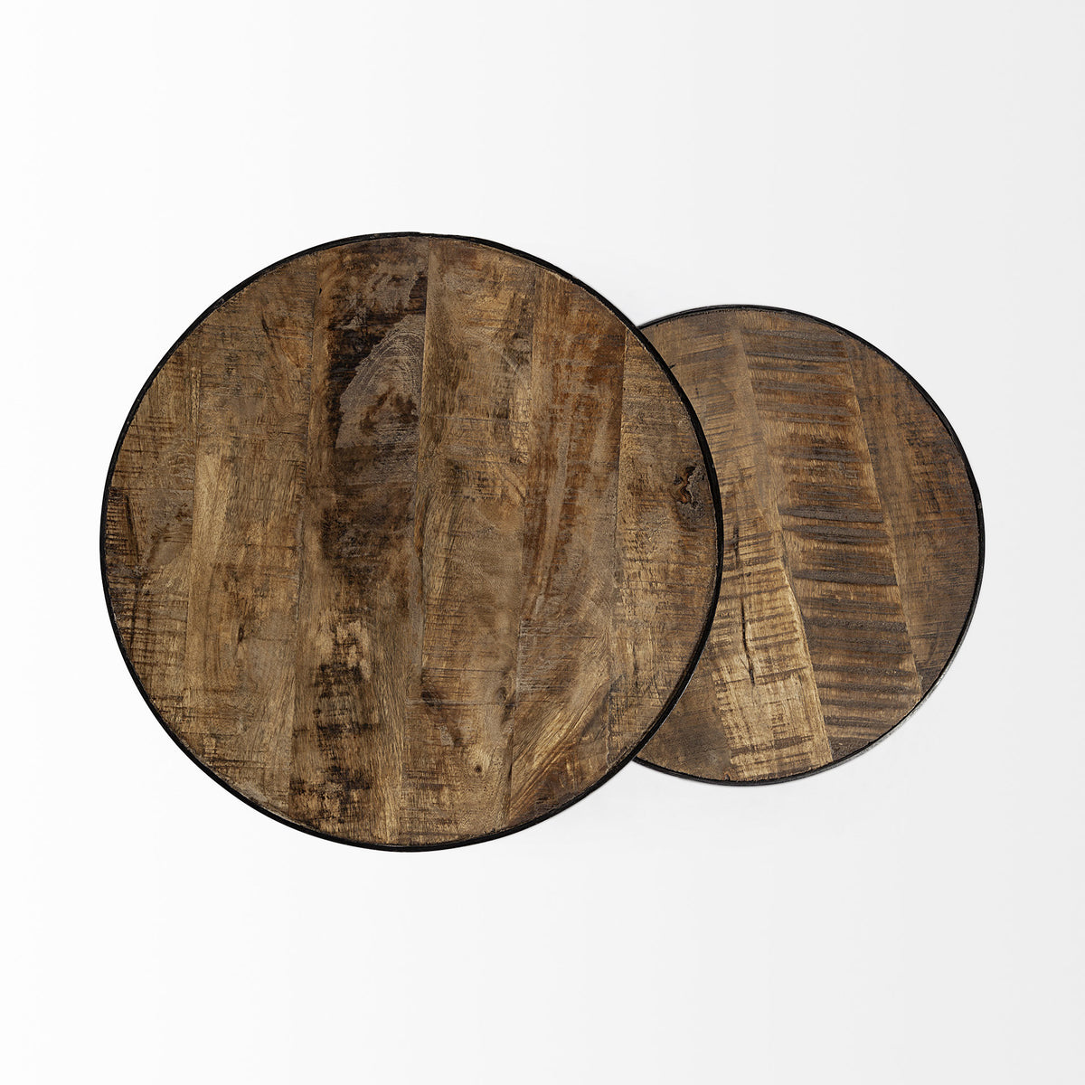 Set of Two 26" Natural And Black Solid Wood And Iron Round End Table
