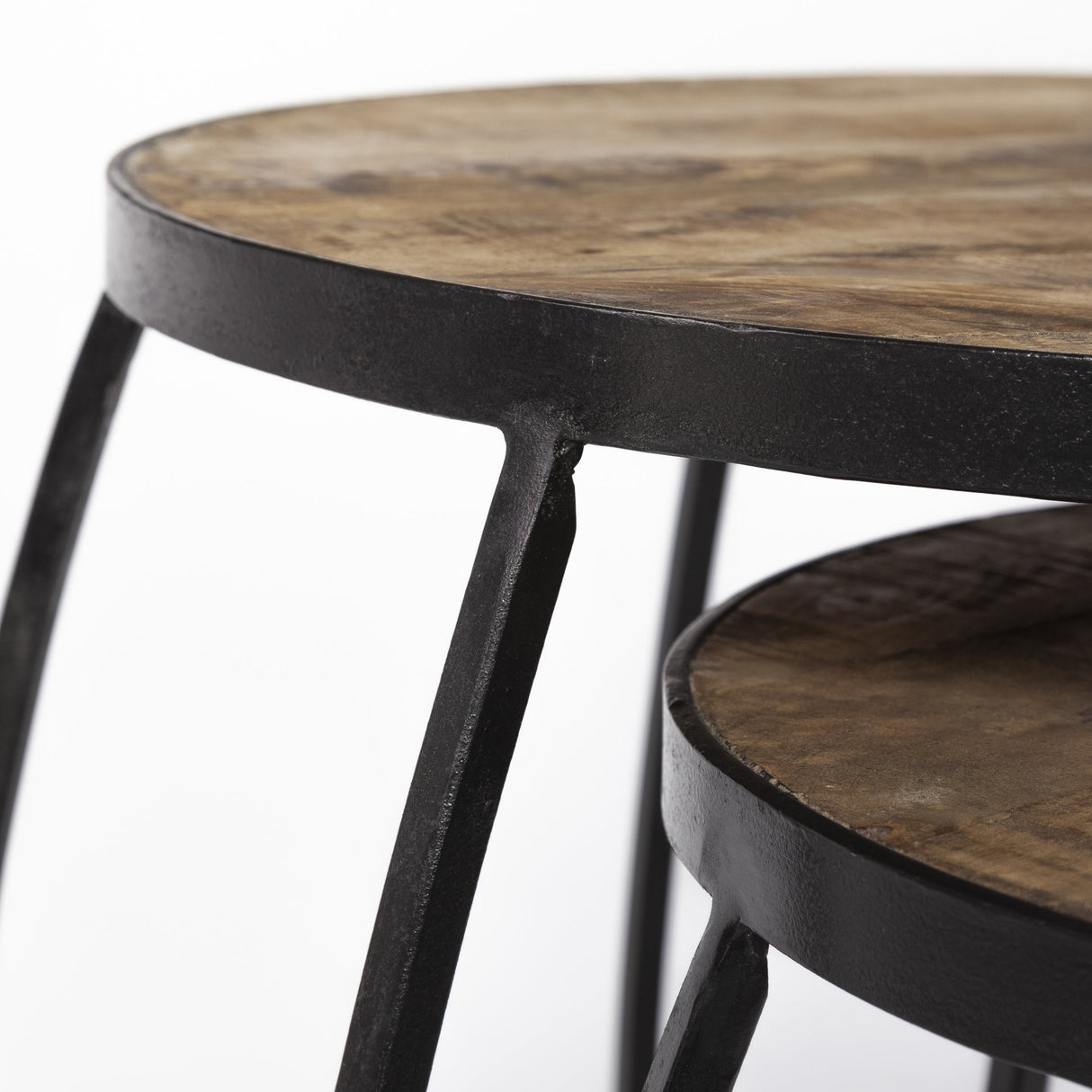 Set of Two 26" Natural And Black Solid Wood And Iron Round End Table