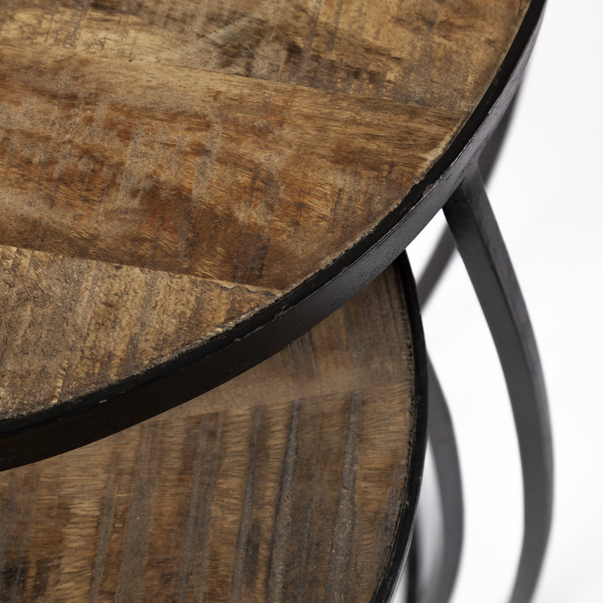 Set of Two 26" Natural And Black Solid Wood And Iron Round End Table