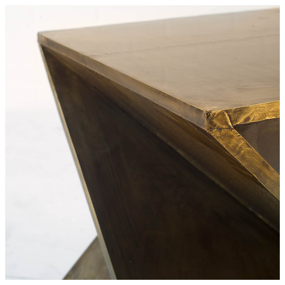 21" Brass Clad Distressed Wood Abstract End Table