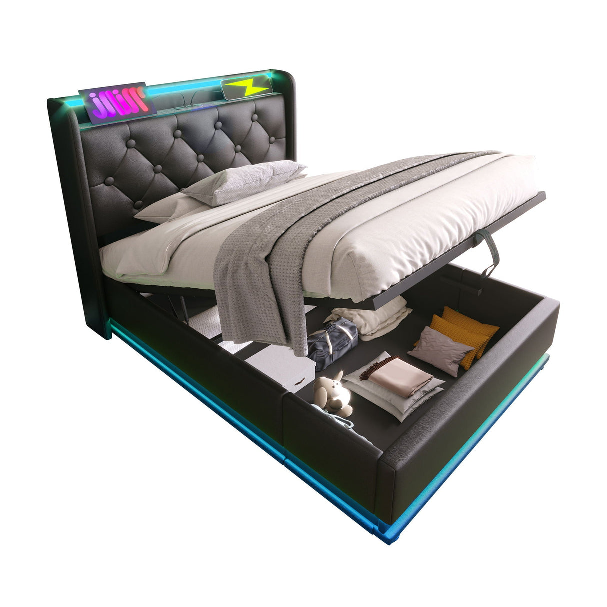 Upholstered Bed, 360 Surround LED Function, Remote Control, Hydraulic Storage Bed With USB, Type-C Charging (Without Mattress) by Couch.com