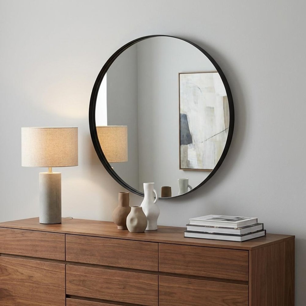 36" Black Round Framed Accent Mirror
