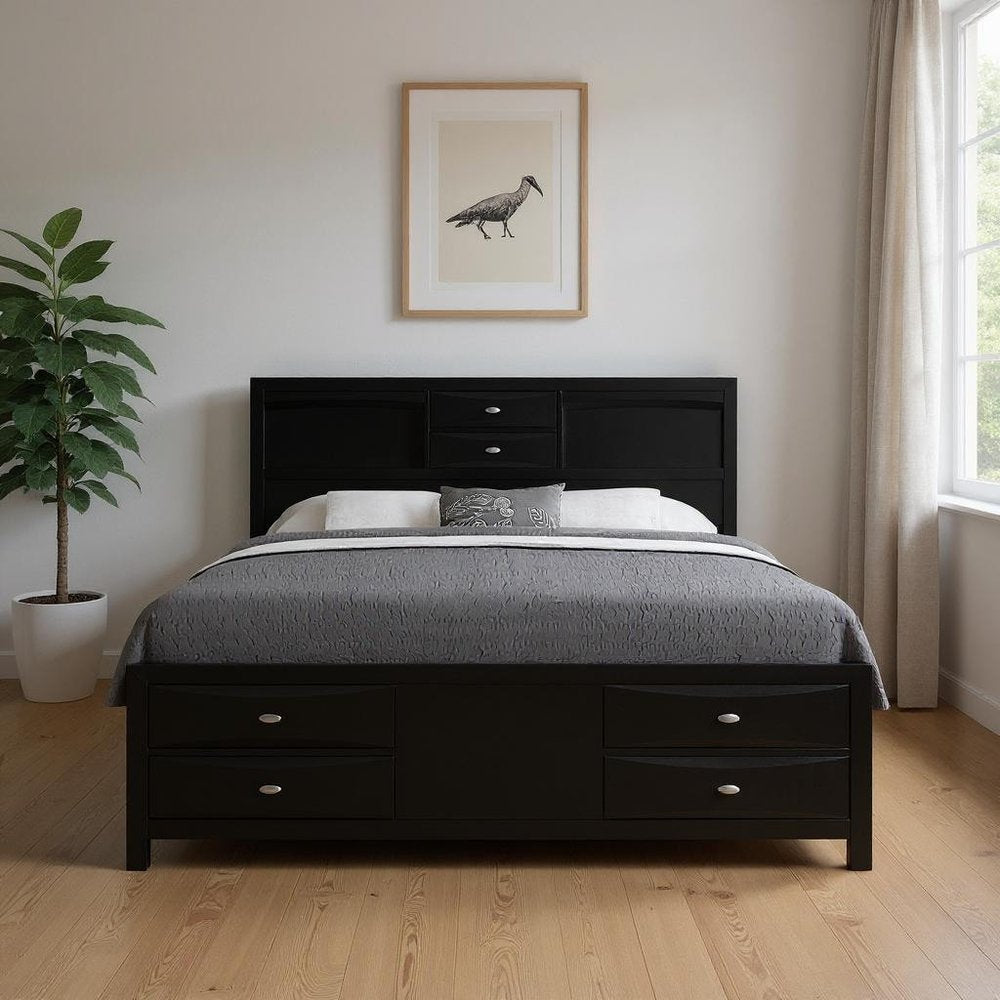 Black Carved Abstract Solid Wood King Bed Frame With Drawers