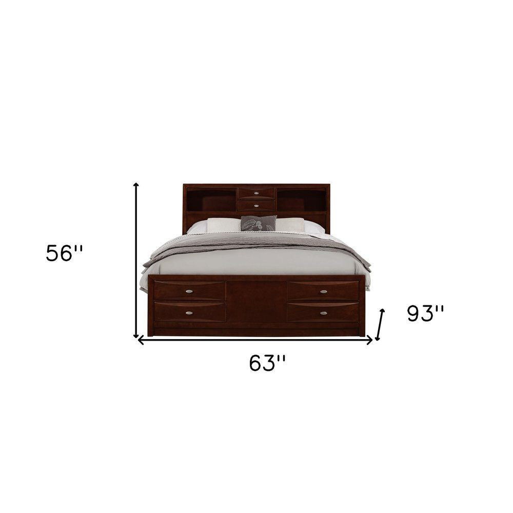 Merlot Solid Wood Queen Bed Frame With Eight Drawers