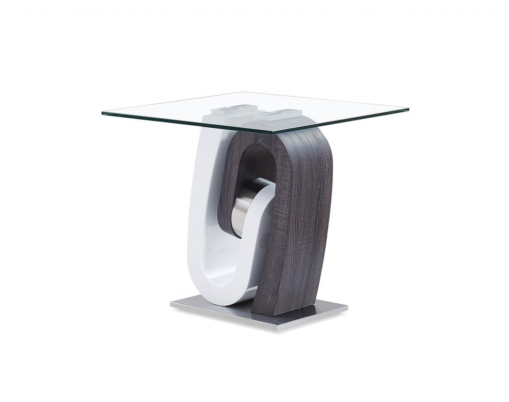 23" White Gray And Clear Glass and Wood Square Pedestal End Table