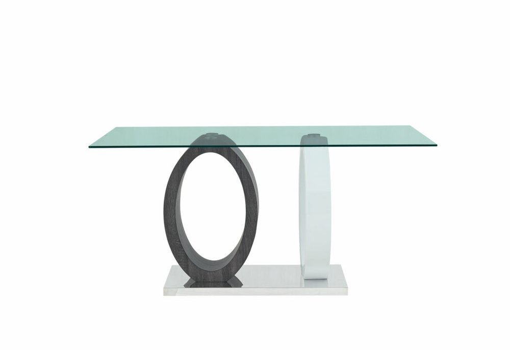 63" Clear Gray and White Glass And Metal Double Pedestal Base Dining Table
