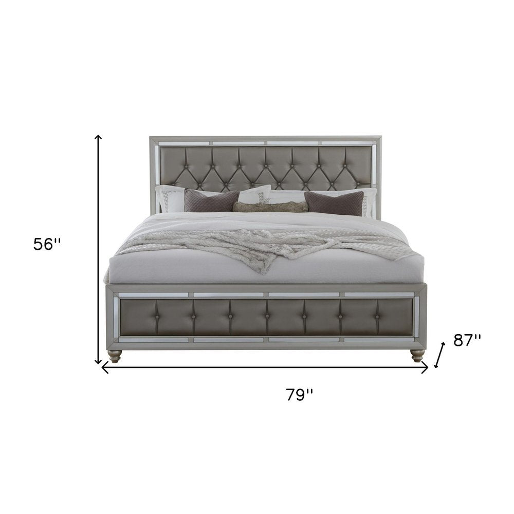 Silver Champagne Tone King Bed Padded Headboard Padded Footboard Mirror Trim Accents