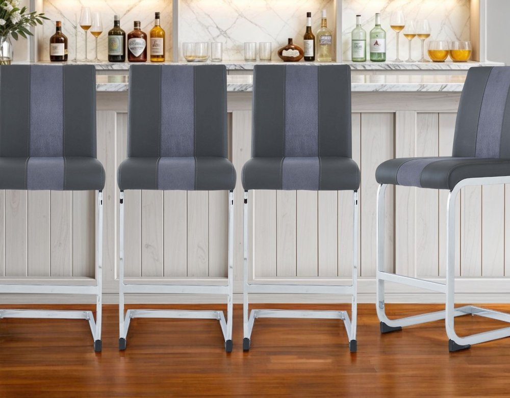 Set of Four 26" Gray and Silver Metal and Faux Leather Counter Height Bar Chairs