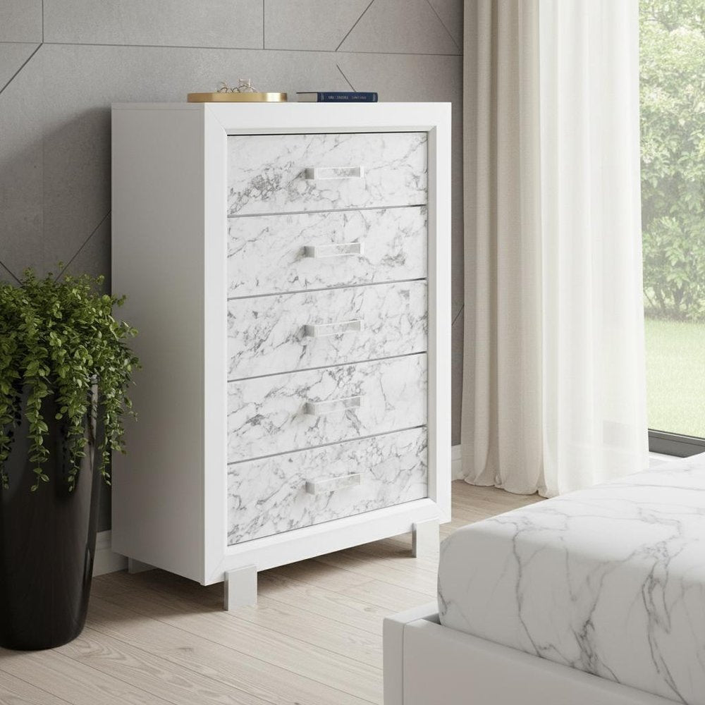 33" White Solid Wood Five Drawer Dresser