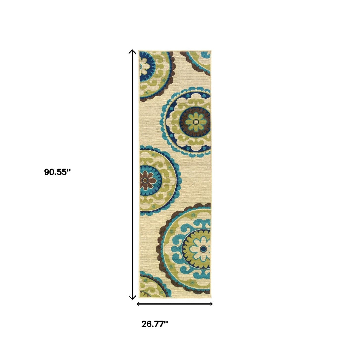 8' X 13' Ivory Indigo And Lime Green Floral Medallion Indoor Outdoor Area Rug