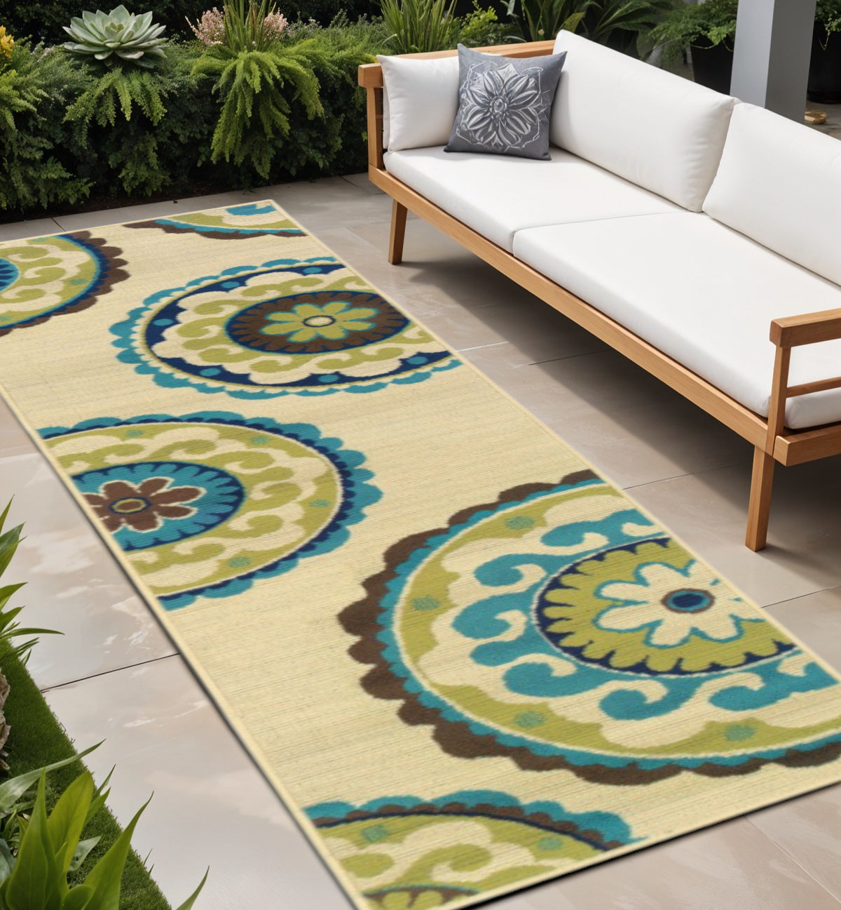 8' X 13' Ivory Indigo And Lime Green Floral Medallion Indoor Outdoor Area Rug