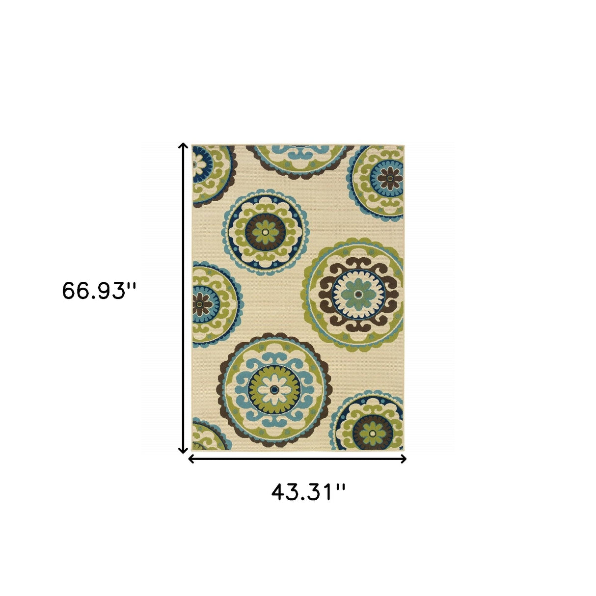 8' X 13' Ivory Indigo And Lime Green Floral Medallion Indoor Outdoor Area Rug