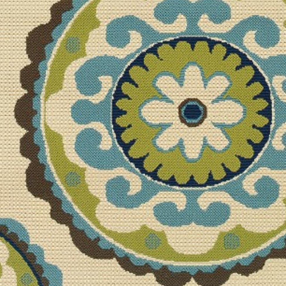 8' X 13' Ivory Indigo And Lime Green Floral Medallion Indoor Outdoor Area Rug