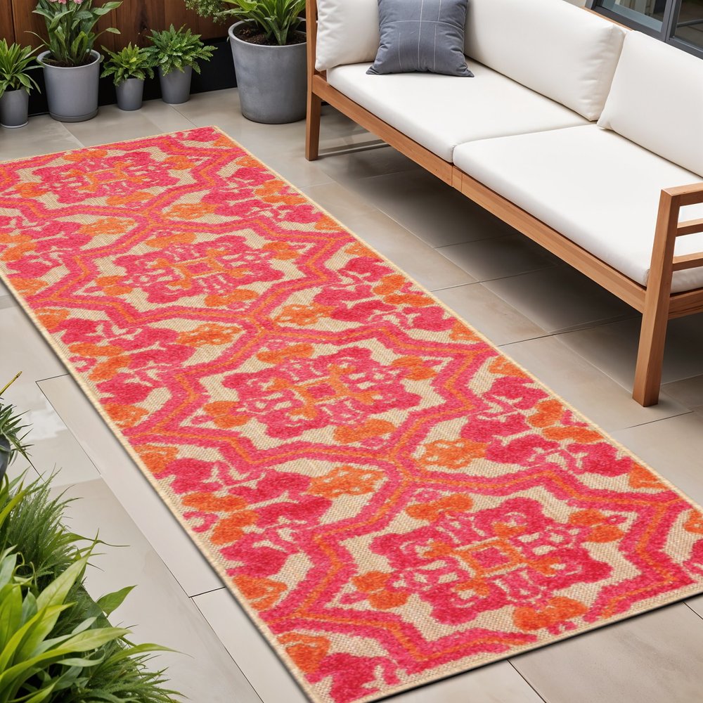 8' Pink And Orange Moroccan Indoor Outdoor Area Rug