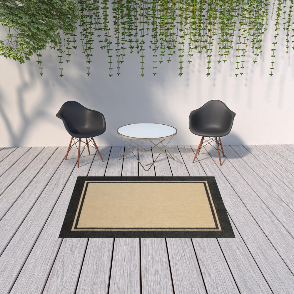 7' X 10' Beige And Black Indoor Outdoor Area Rug