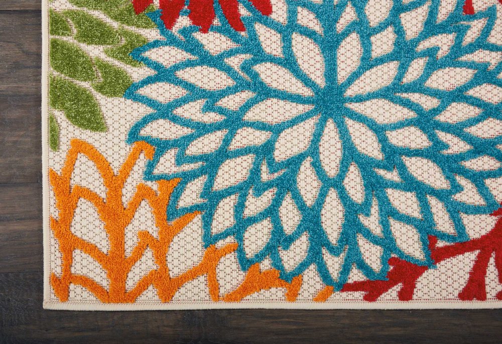 6' Runner Ivory Blue and Orange Floral Indoor Outdoor Area Rug