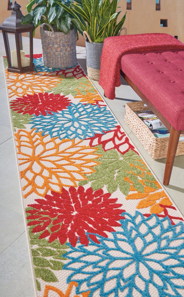 12' Green And Ivory Floral Indoor Outdoor Runner Rug