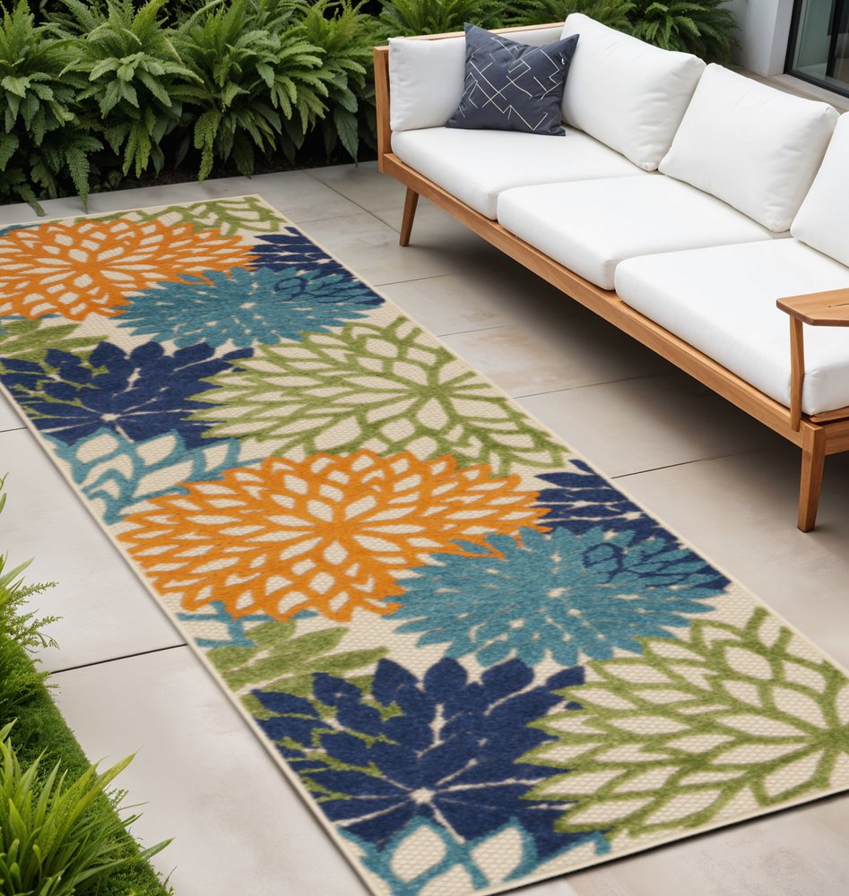 12' Ivory And Blue Floral Indoor Outdoor Runner Rug