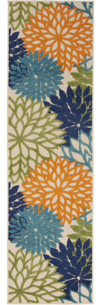 12' Ivory And Blue Floral Indoor Outdoor Runner Rug