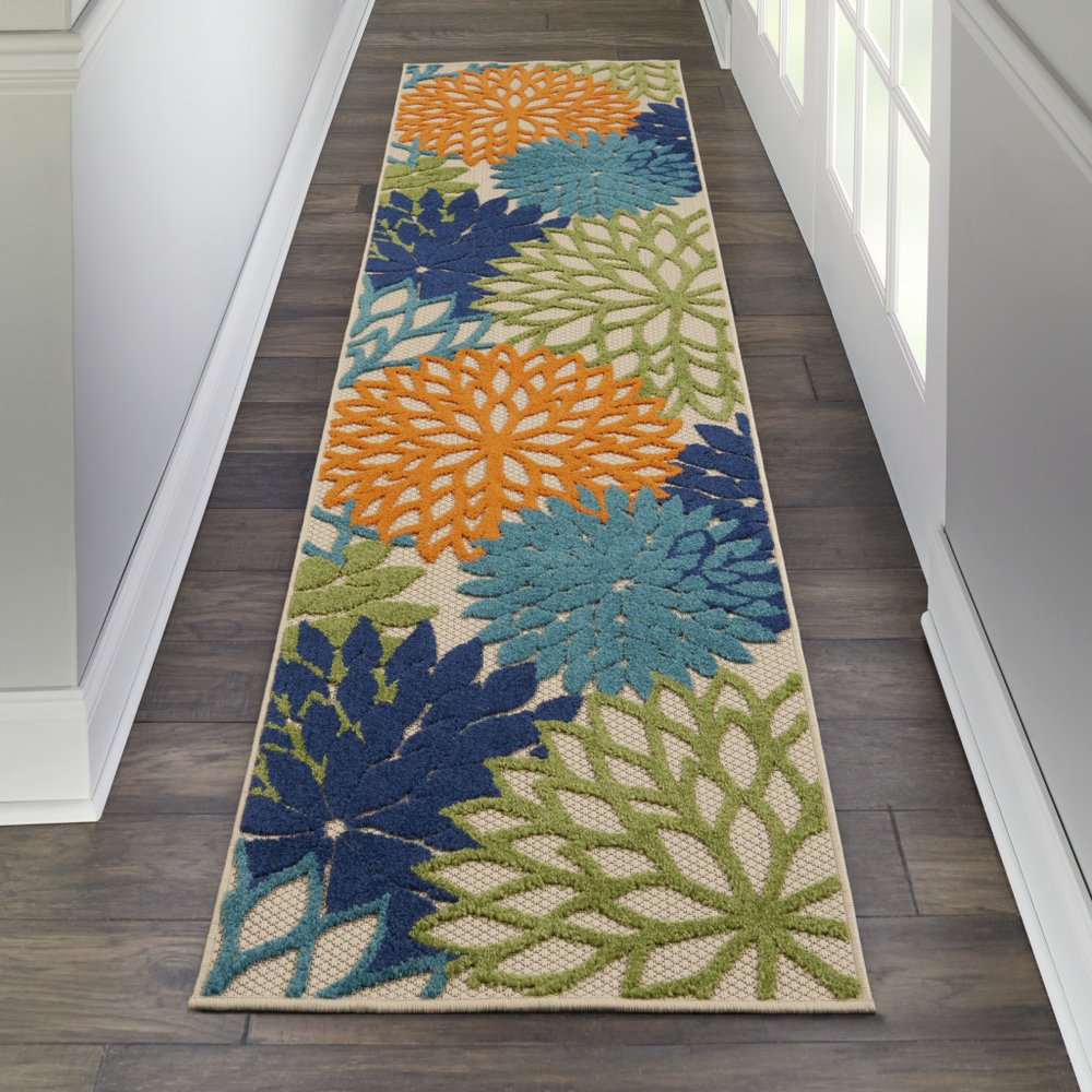 12' Ivory And Blue Floral Indoor Outdoor Runner Rug