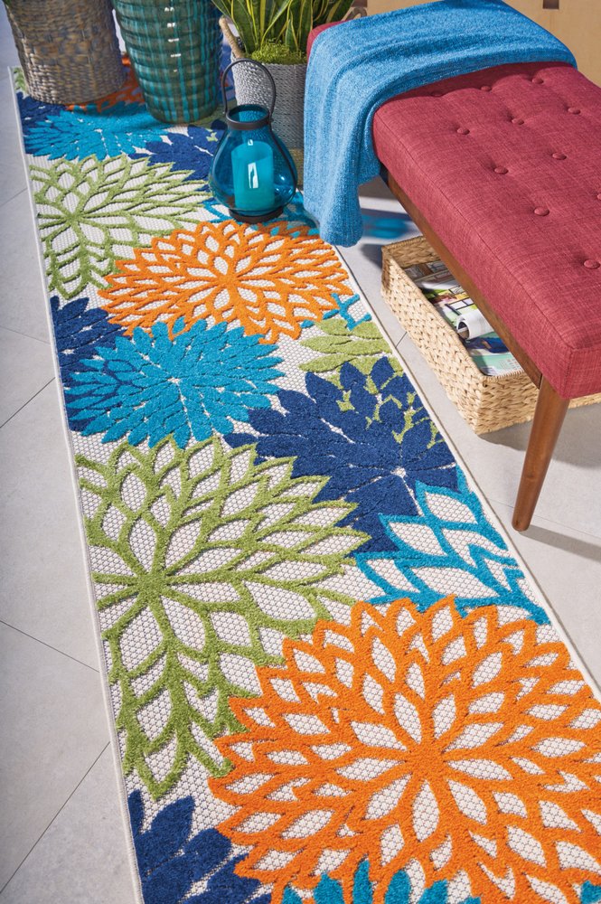12' Ivory And Blue Floral Indoor Outdoor Runner Rug