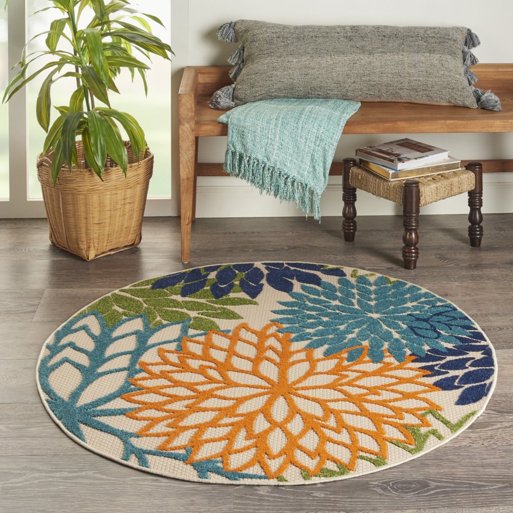 8' Ivory And Blue Round Indoor Outdoor Area Rug