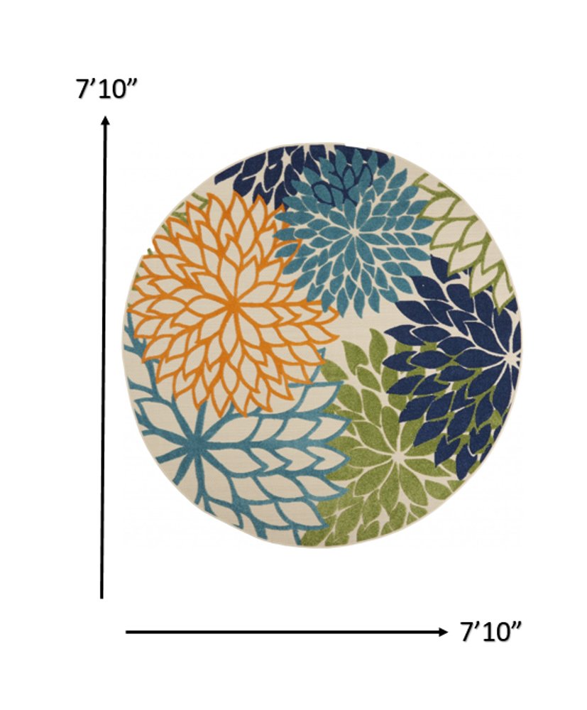 8' Ivory And Blue Round Indoor Outdoor Area Rug