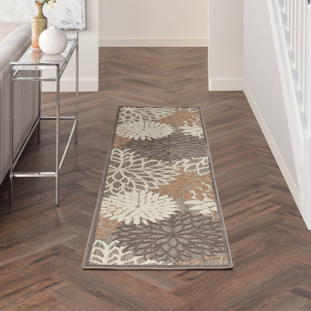 6' Gray And Ivory Floral Indoor Outdoor Area Rug